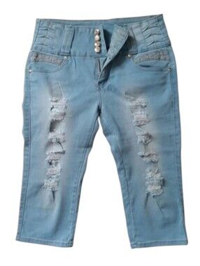 Women’s High-Waist Distressed Light Blue Rhinestone Stretch Jean Capris